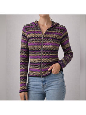 Missoni Zip Front Knit Cardigan Jacket Multicolor Zigzag Hooded Cropped Size 42